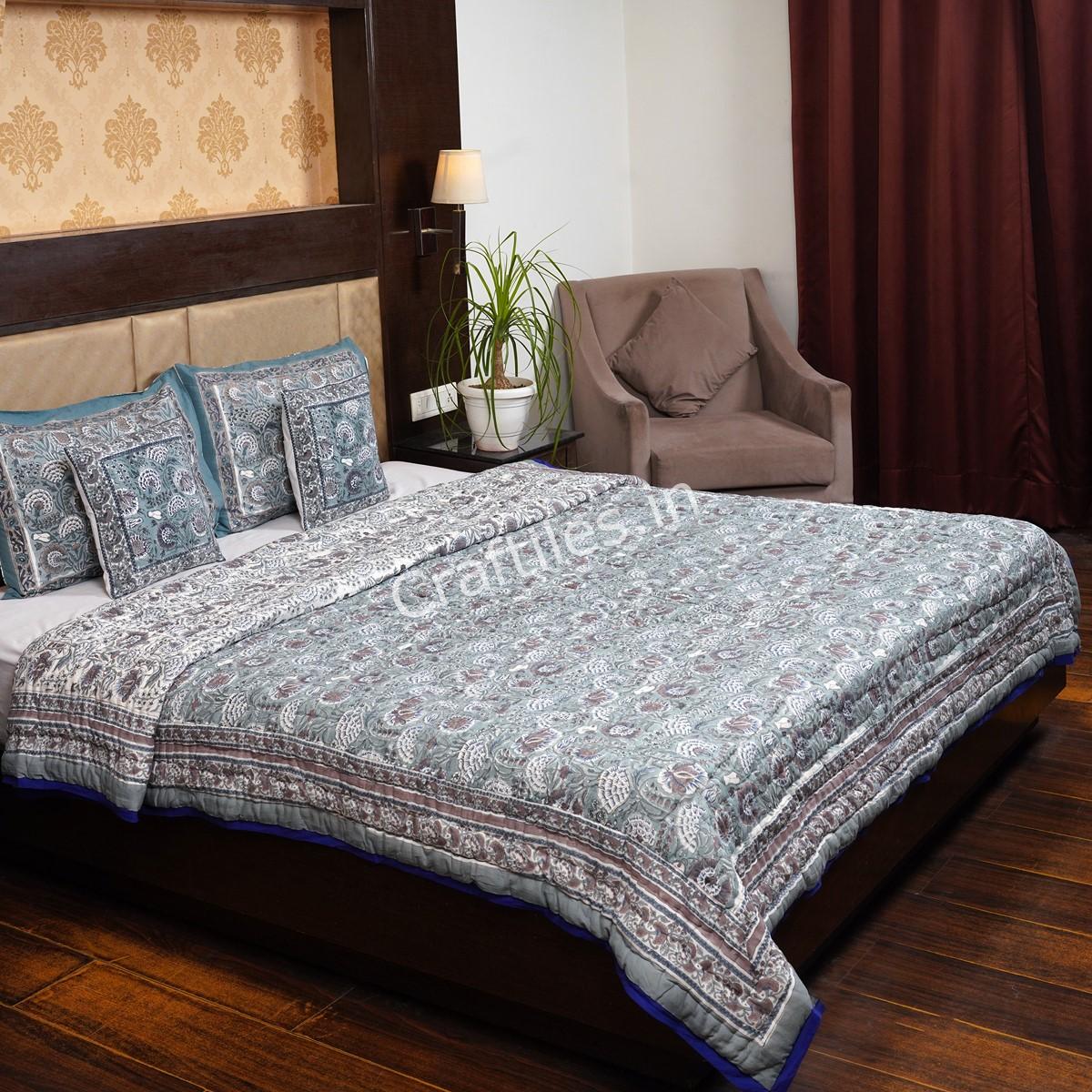 Craftiles - QL1028Q Saat kaam Jaipuri Handblock Printed Reversible Jaipuri Quilt by Jaipurdharohar - Gray