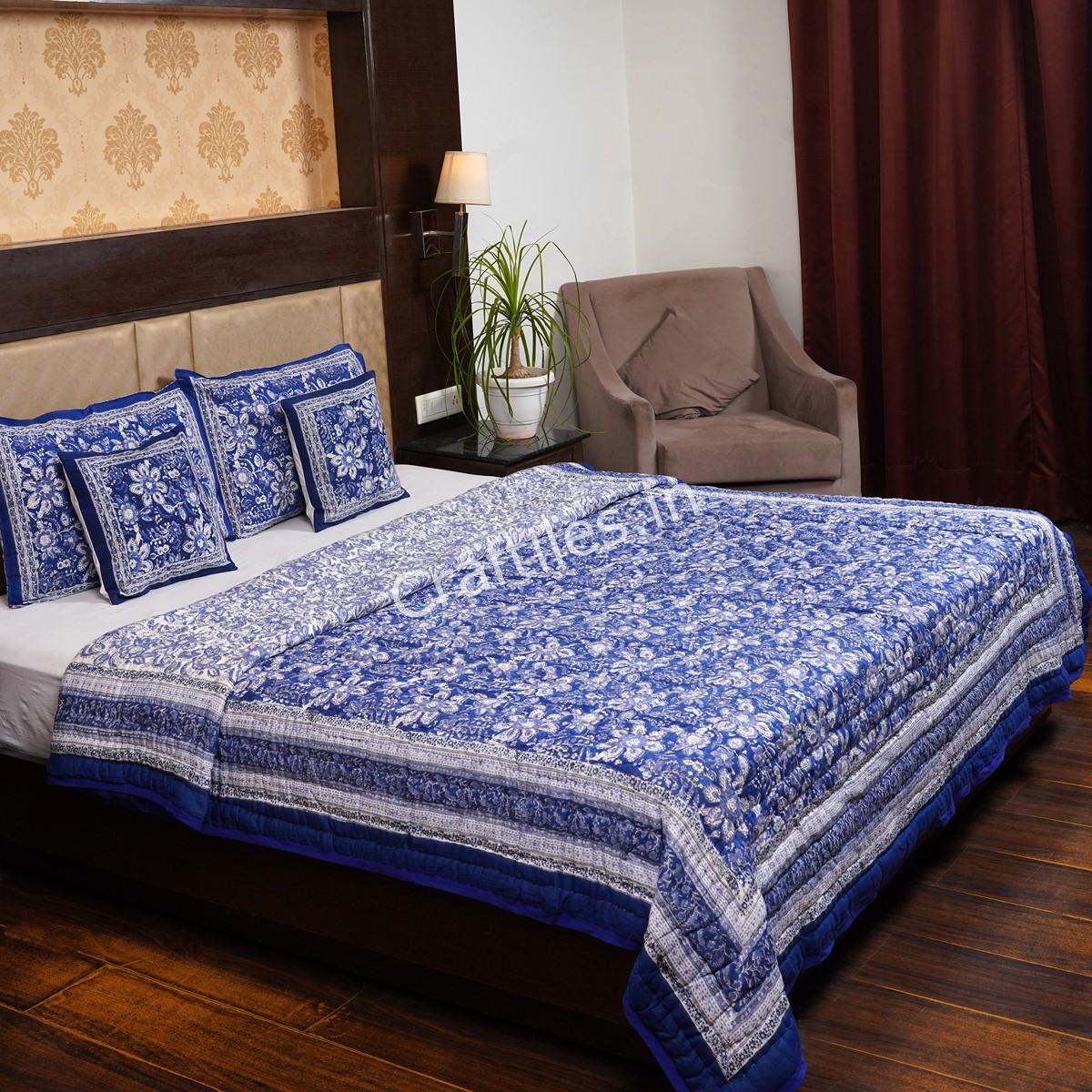 Craftiles - QL1162 Indigo Jaipuri Handblock Printed Reversible Jaipuri Quilt by Jaipurdharohar - Blue