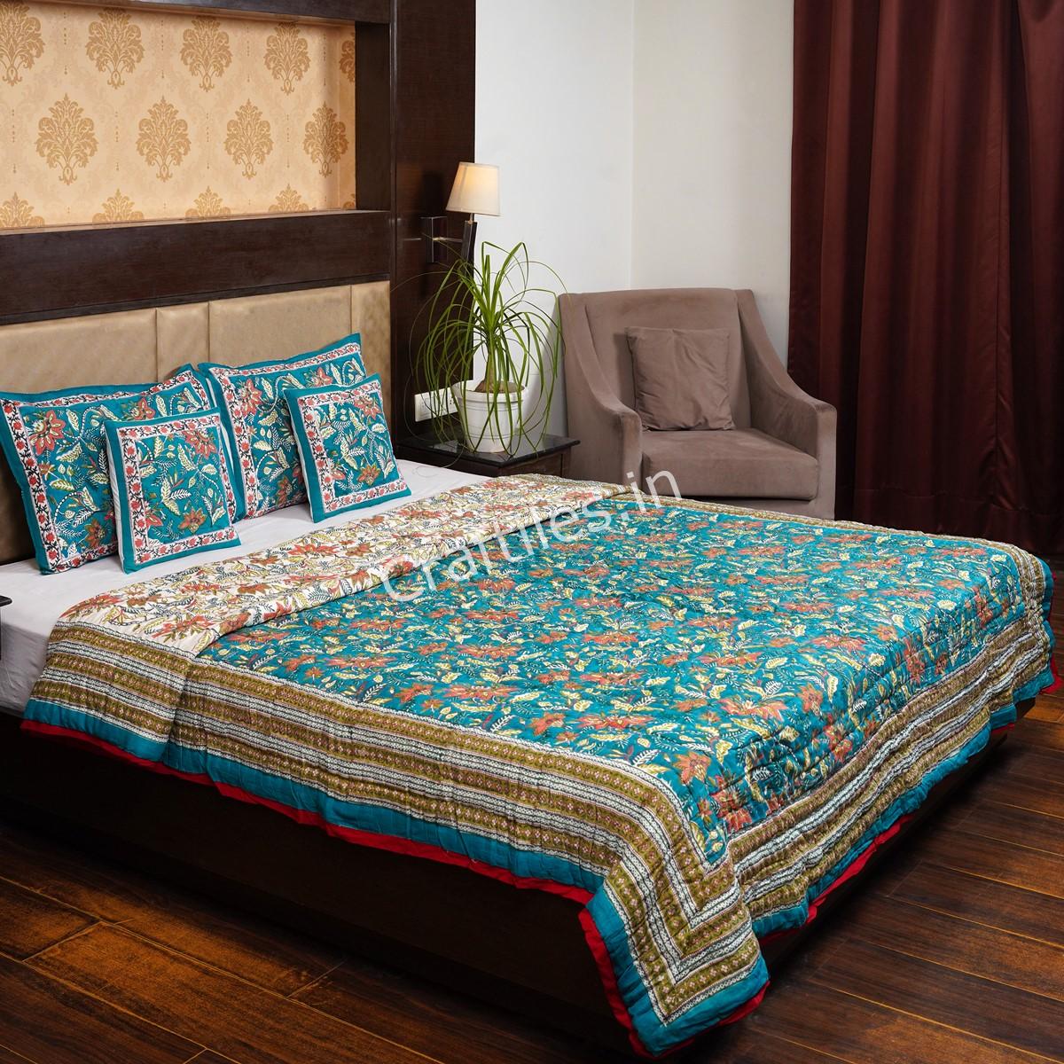 Craftiles - QL1086 Ratna kaam Jaipuri Handblock Printed Reversible Jaipuri Quilt by Jaipurdharohar - Green