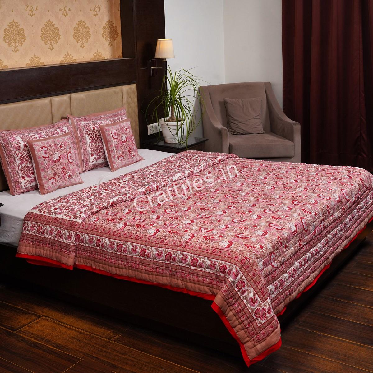 Craftiles - QL1137 Flax Jaipuri Handblock Printed Reversible Jaipuri Quilt by Jaipurdharohar - Red