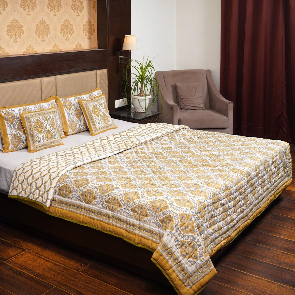 Craftiles - QL1067 Mahak Jaipuri Handblock Printed Reversible Jaipuri Quilt by Jaipurdharohar - Yellow
