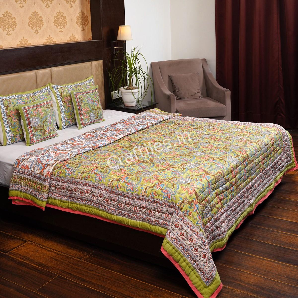 Craftiles - QL1127 Saat kaam Jaipuri Handblock Printed Reversible Jaipuri Quilt by Jaipurdharohar - Green