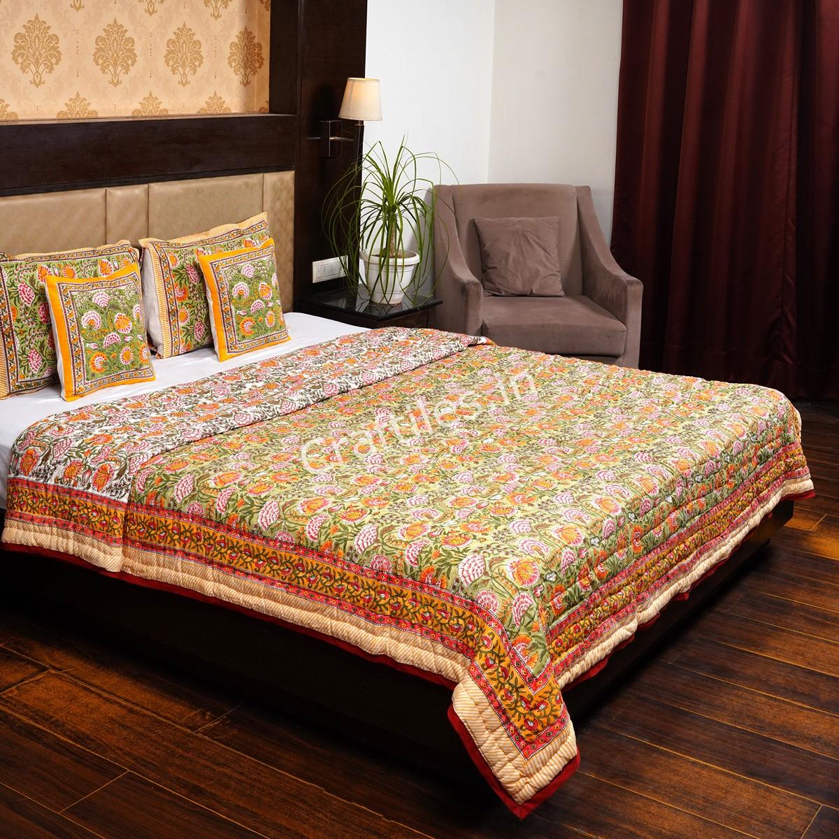 Craftiles - QL1051 Sunflower Jaipuri Handblock Printed Reversible Jaipuri Quilt by Jaipurdharohar - Yellow