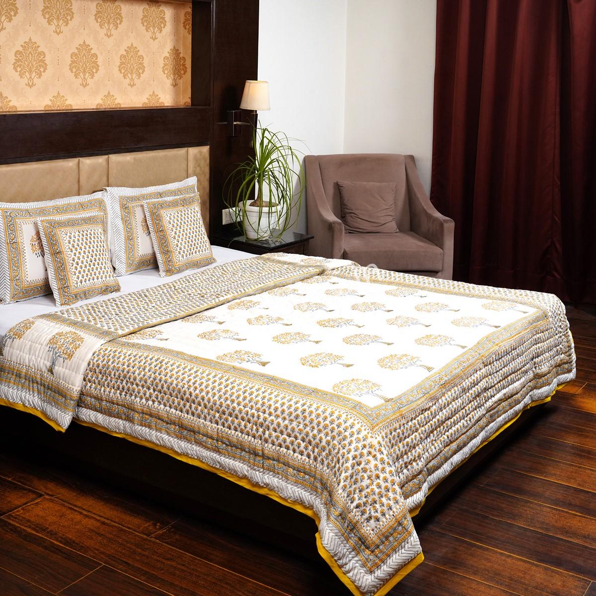 Craftiles - QL1031 Golden Tree Jaipuri Handblock Printed Reversible Jaipuri Quilt by Jaipurdharohar - Yellow
