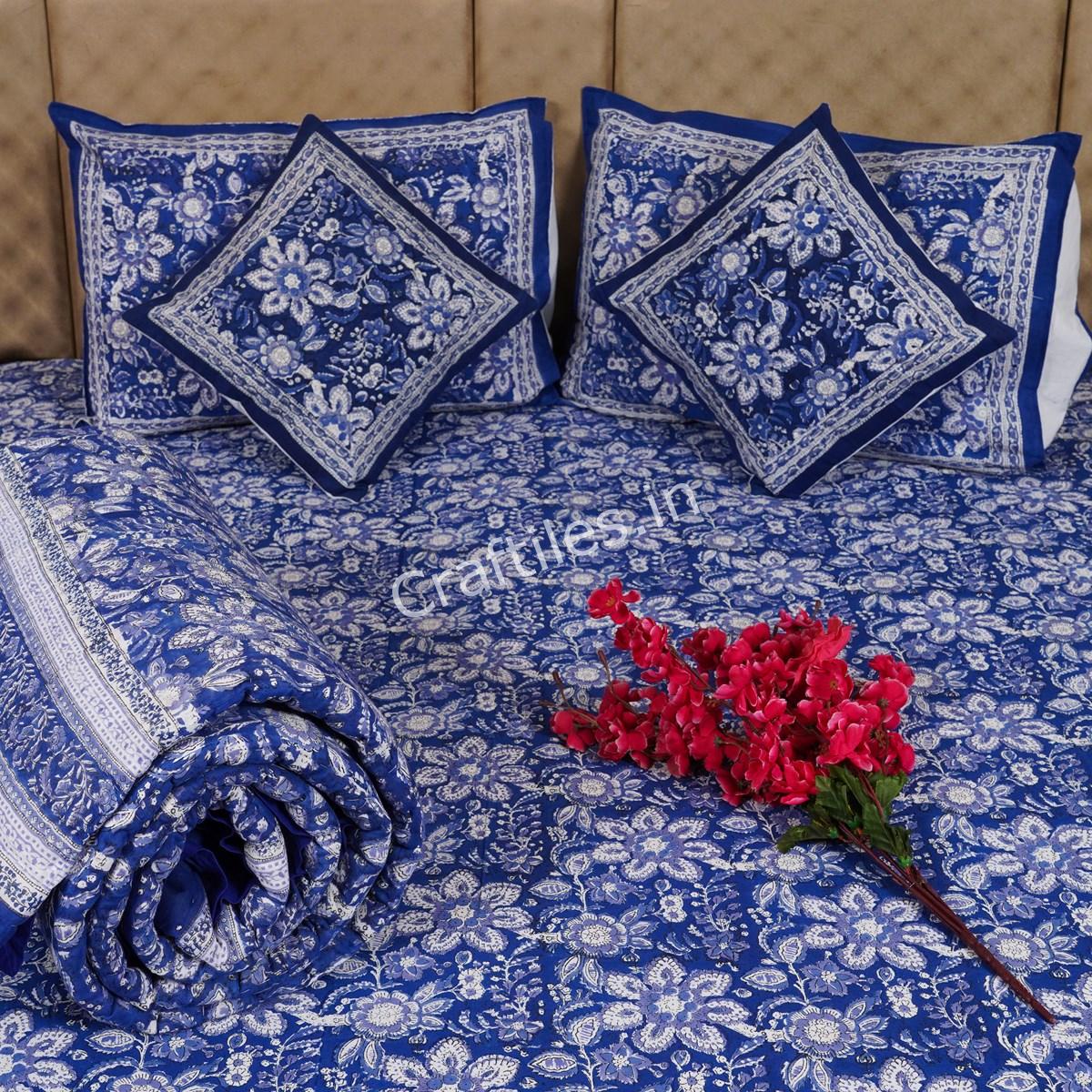Craftiles - BS1062Q Indigo Jaipuri Handblock Printed Bedding Set by Jaipur dharohar for Home and Wedding Gift - Blue
