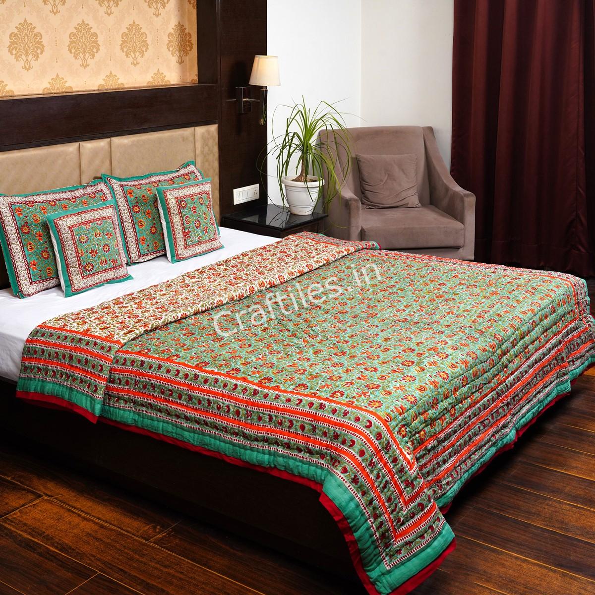 Craftiles - QL1130 Chakri Jaipuri Handblock Printed Reversible Jaipuri Quilt by Jaipurdharohar - Green