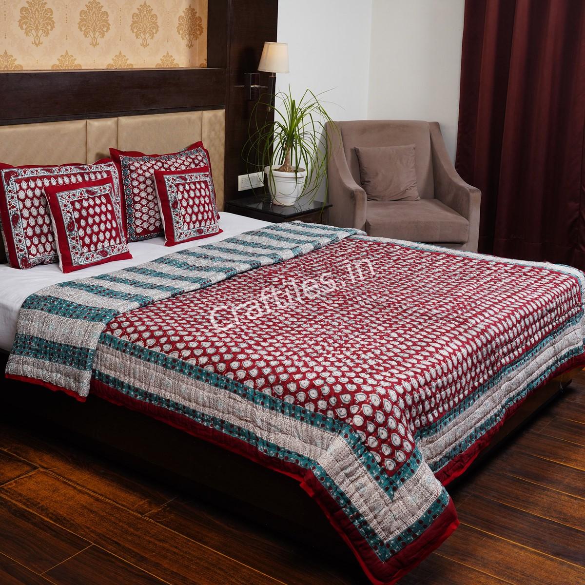 Craftiles - QL1145 Booti Jaipuri Handblock Printed Reversible Jaipuri Quilt by Jaipurdharohar - Red