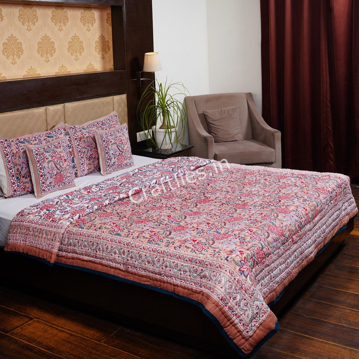 Craftiles - QL1122 Saat Kaam Jaipuri Handblock Printed Reversible Jaipuri Quilt by Jaipurdharohar - Red