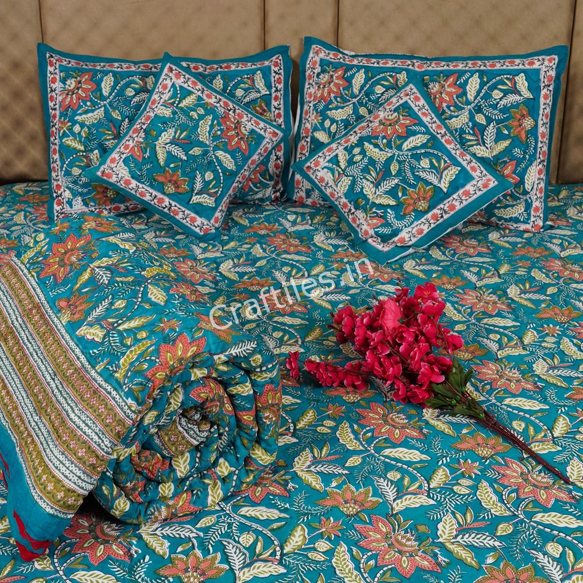 Craftiles - BS1086 Ratna Jaipuri Handblock Printed Bedding Set by Jaipur dharohar for Home and Wedding Gift - Green