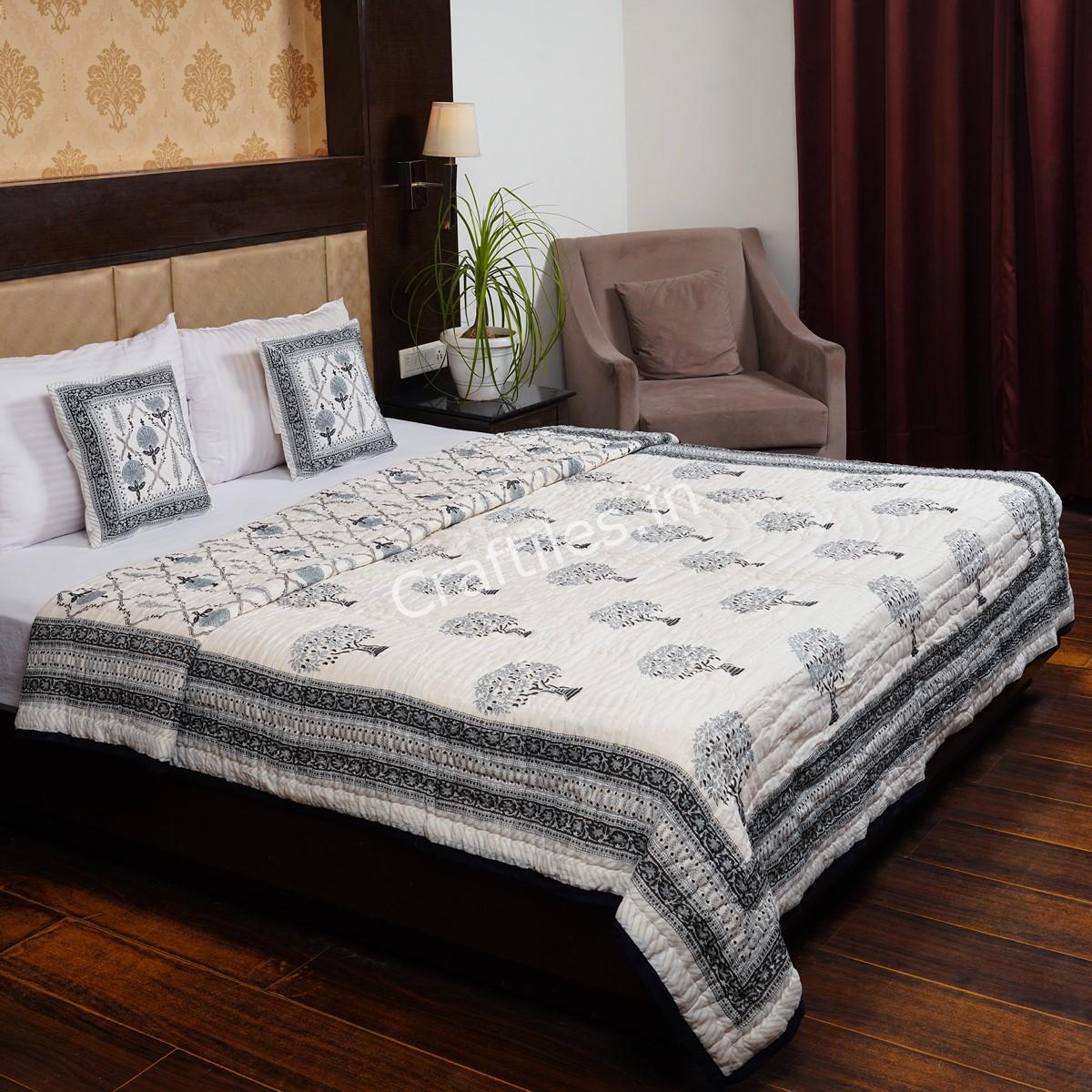 Craftiles - QL1012 Tree Boota Jaipuri Handblock Printed Reversible Jaipuri Quilt by Jaipurdharohar - Black