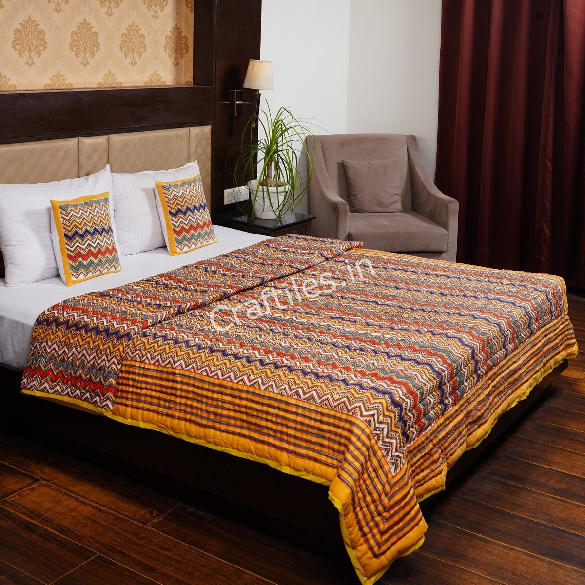 Craftiles - QL1155 Zigzag Jaipuri Handblock Printed Reversible Jaipuri Quilt by Jaipurdharohar - Yellow