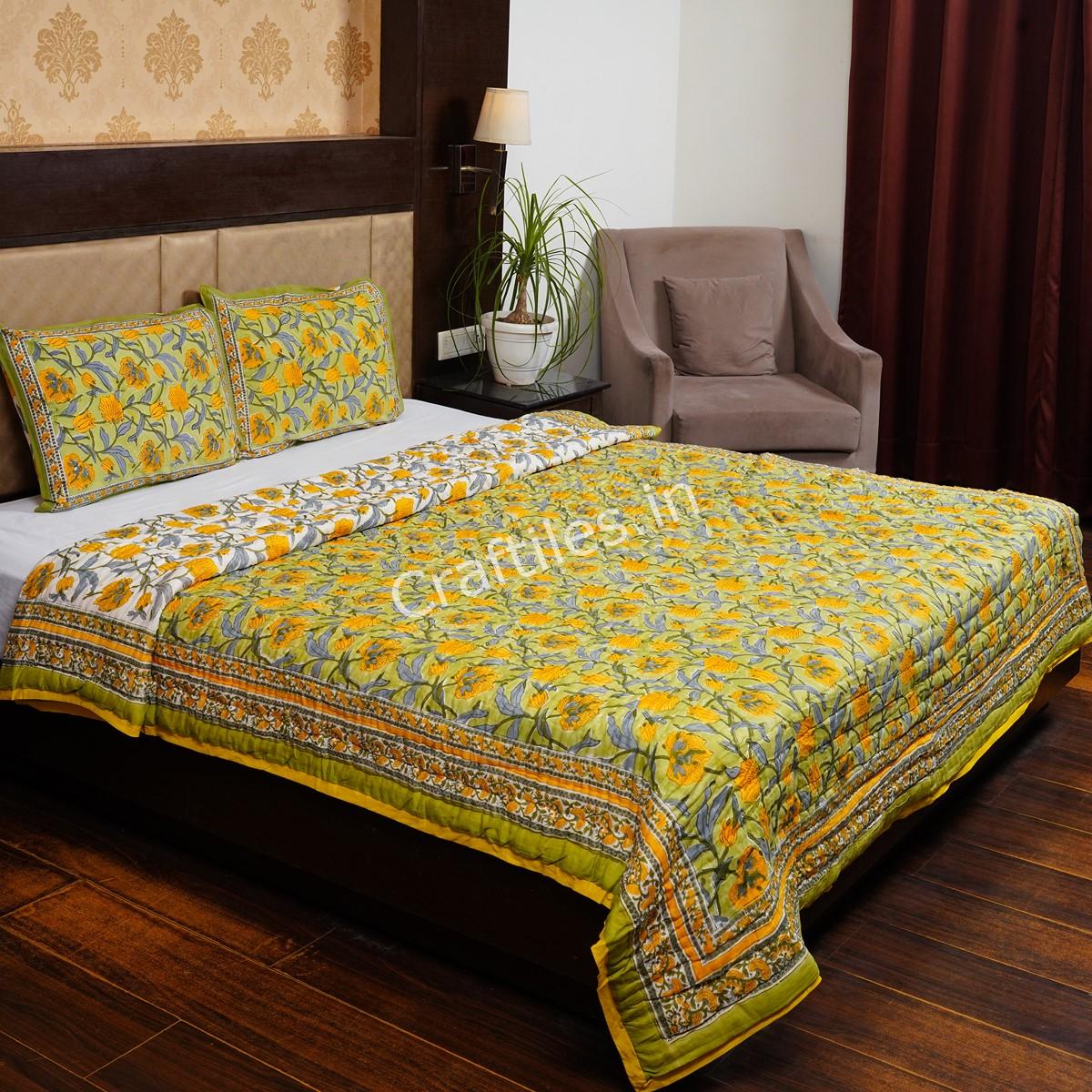 Craftiles - QL1134 Jiva Jaipuri Handblock Printed Reversible Jaipuri Quilt by Jaipurdharohar - Green