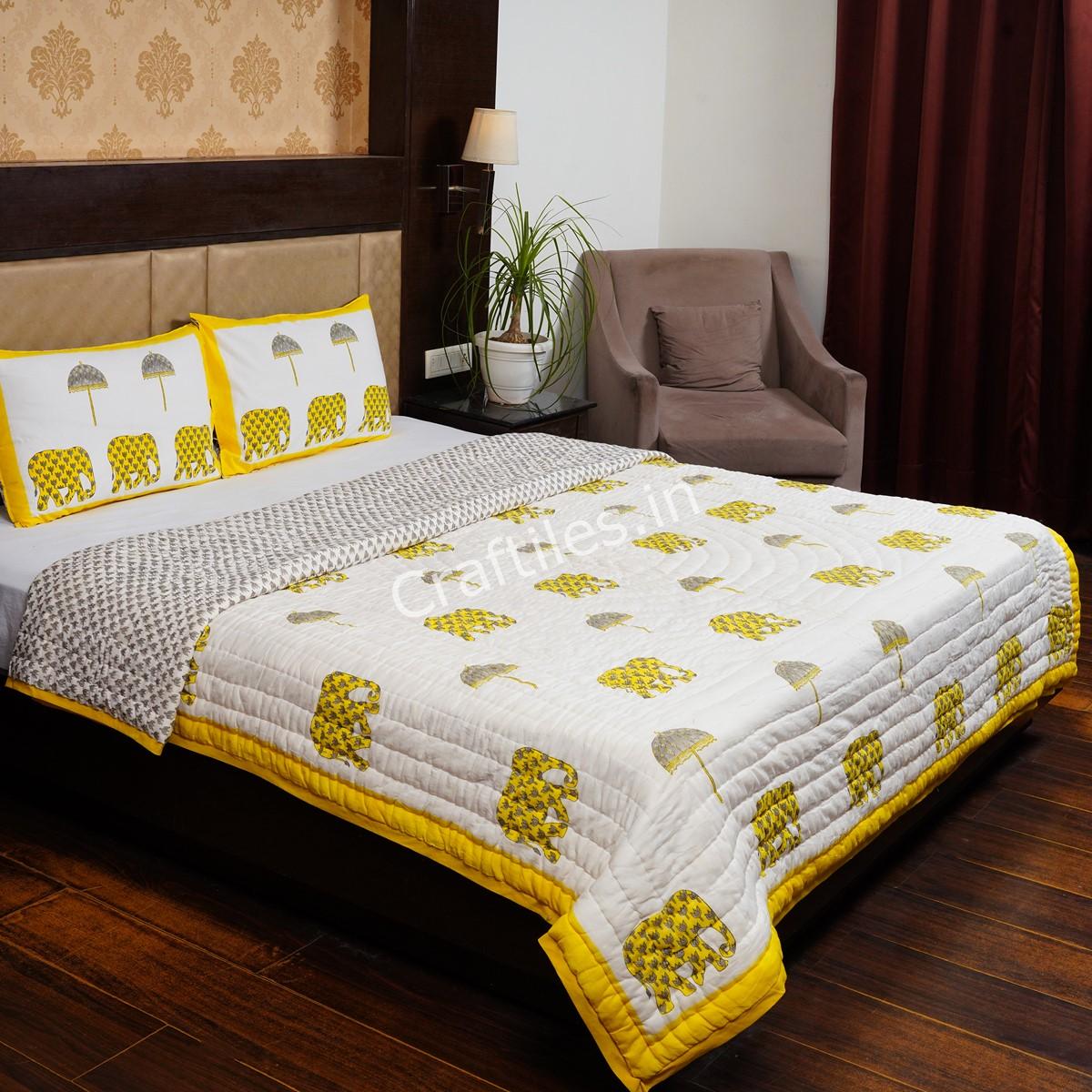 Craftiles - QL1117 Elephant Jaipuri Handblock Printed Reversible Jaipuri Quilt by Jaipurdharohar - Yellow