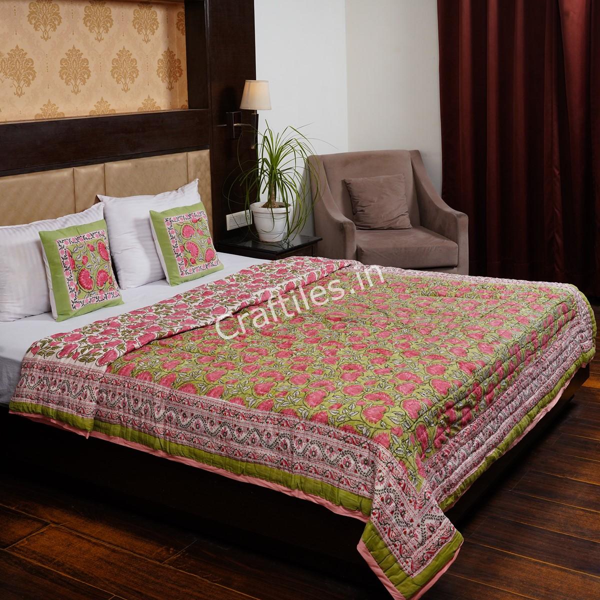 Craftiles - QL1063 Lotus Jaipuri Handblock Printed Reversible Jaipuri Quilt by Jaipurdharohar - Green