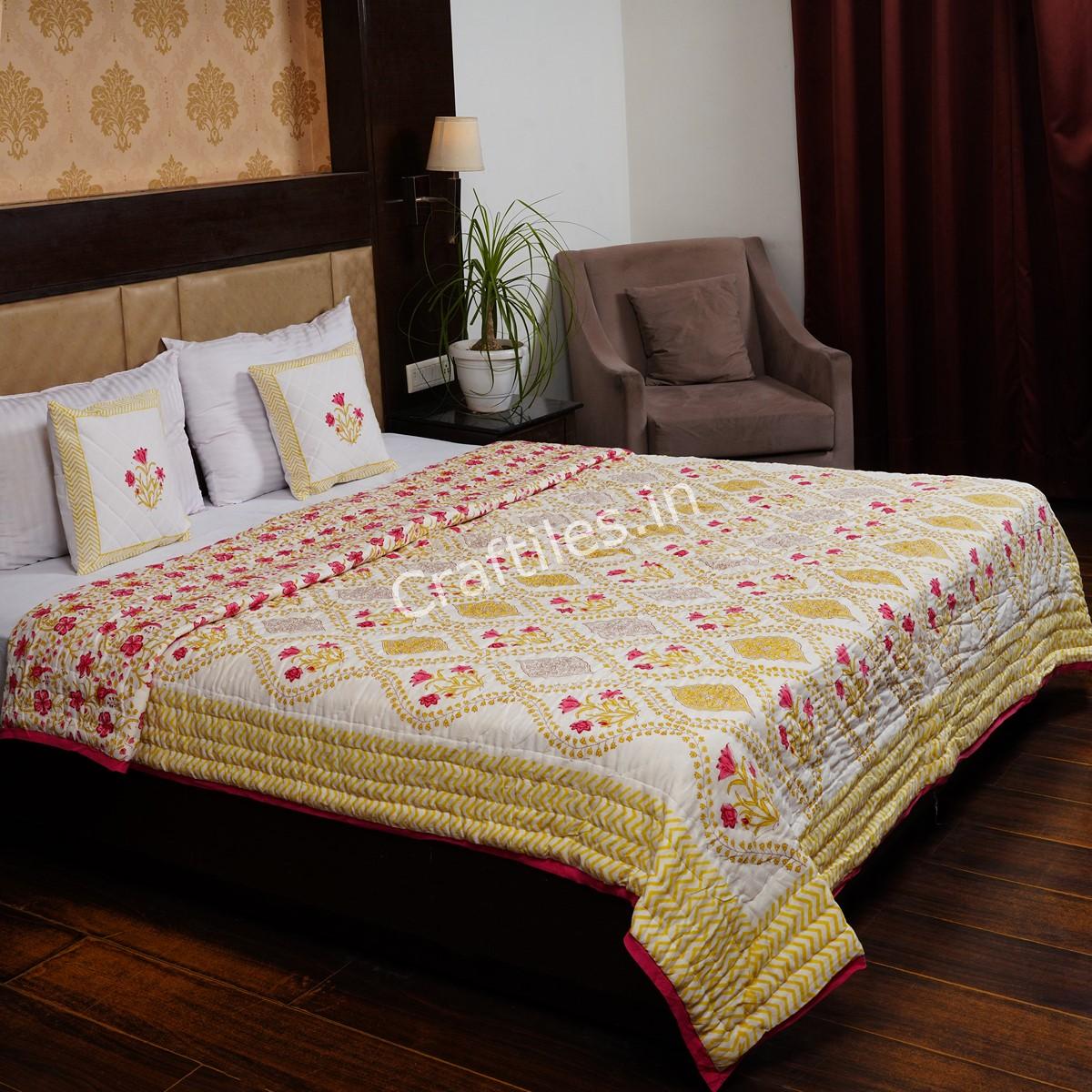 Craftiles - QL1128 Flower Pot Jaipuri Handblock Printed Reversible Jaipuri Quilt by Jaipurdharohar - Green