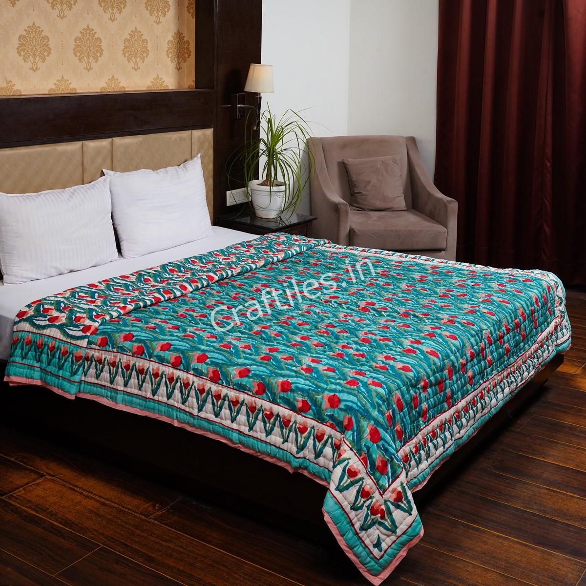Craftiles - QL1121 Tulip Jaipuri Handblock Printed Reversible Jaipuri Quilt by Jaipurdharohar - Green