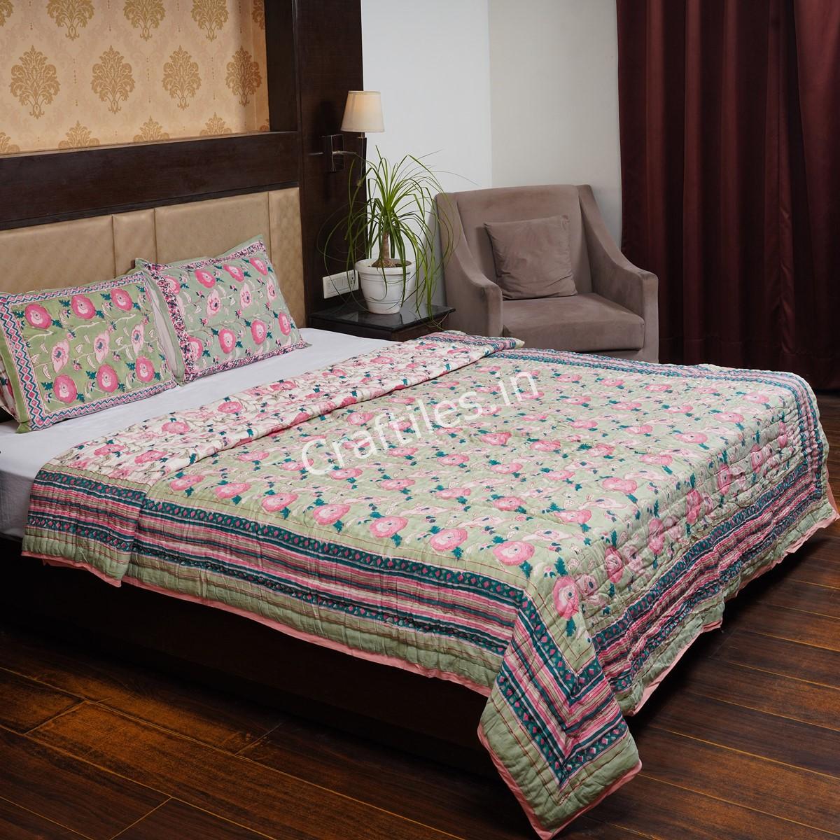 Craftiles - QL1149 Varista Jaipuri Handblock Printed Reversible Jaipuri Quilt by Jaipurdharohar - Green
