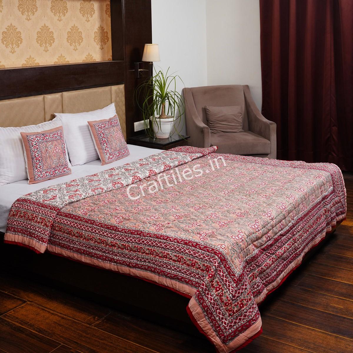 Craftiles - QL1042 Peach Jaipuri Handblock Printed Reversible Jaipuri Quilt by Jaipurdharohar - Peach