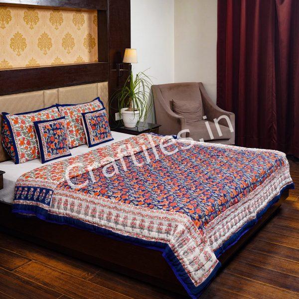Craftiles - QL1001 Rose Jaipuri Handblock Printed Reversible Jaipuri Quilt by Jaipurdharohar - Blue