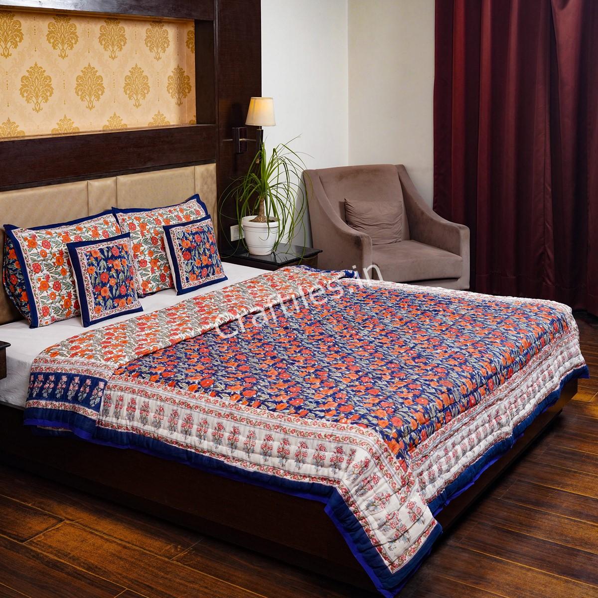 Craftiles - QL1001 Rose Jaipuri Handblock Printed Reversible Jaipuri Quilt by Jaipurdharohar - Blue