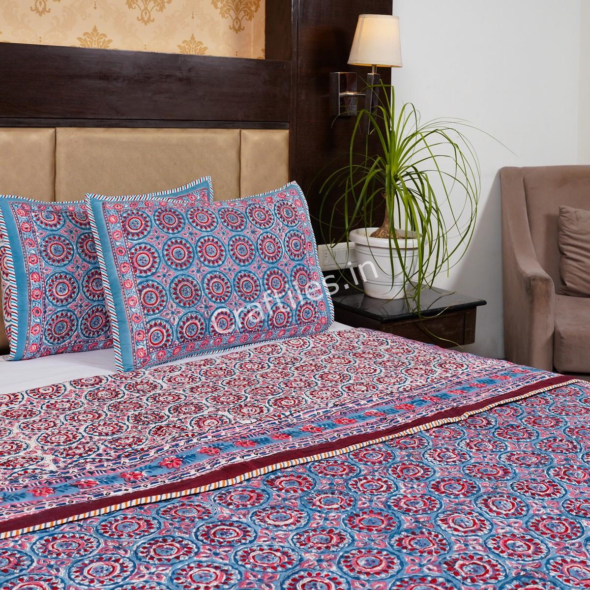 Craftiles - CF1113 Chakri Jaipuri Handblock Printed Reversible Comforter by Jaipurdharohar - AC Quilt | Comforter | Bedcover | Gudarie - Blue