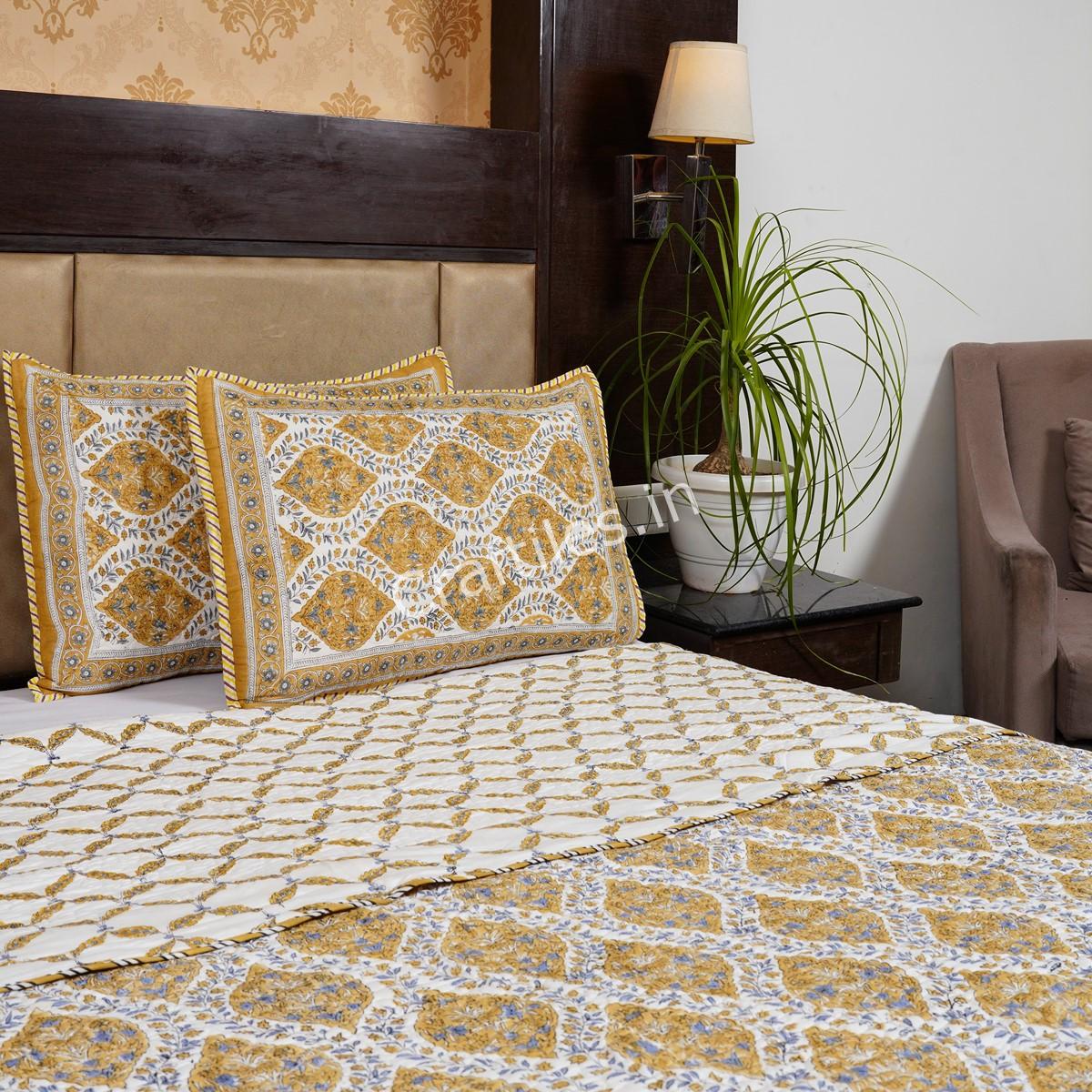 Craftiles - CF1067 Mahak Jaipuri Handblock Printed Reversible Comforter by Jaipurdharohar - AC Quilt | Comforter | Bedcover | Gudarie - Yellow
