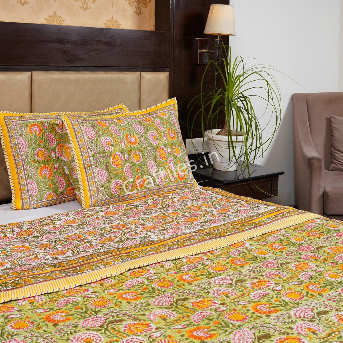 Craftiles - CF1051 Surajmukhi Jaipuri Handblock Printed Reversible Comforter by Jaipurdharohar - AC Quilt | Comforter | Bedcover | Gudarie - Yellow