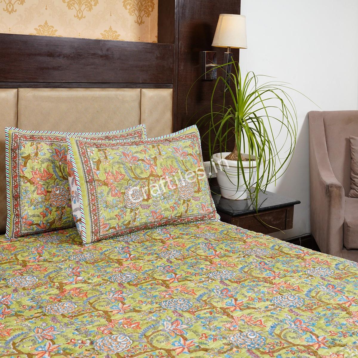 Craftiles - CF1127 Saat kaam Jaipuri Handblock Printed Reversible Comforter by Jaipurdharohar - AC Quilt | Comforter | Bedcover | Gudarie - Green