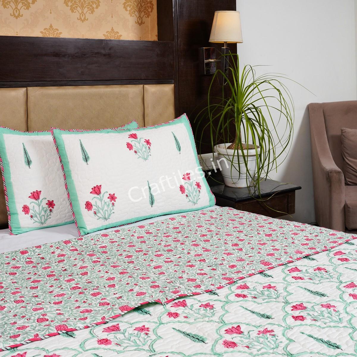 Craftiles - CF1050 Kadmbari Jaipuri Handblock Printed Reversible Comforter by Jaipurdharohar - AC Quilt | Comforter | Bedcover | Gudarie - Green