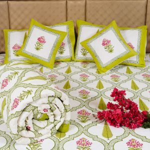 Craftiles - BS1128 Flower Pot Jaipuri Handblock Printed Bedding Set by Jaipur dharohar for Home and Wedding Gift - Green