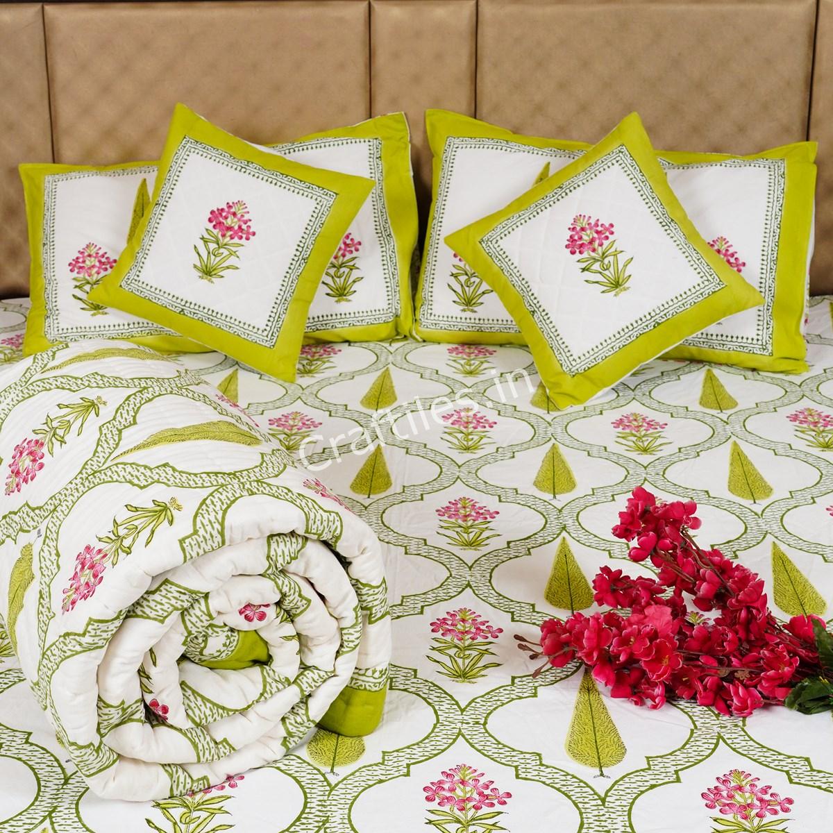Craftiles - BS1128 Flower Pot Jaipuri Handblock Printed Bedding Set by Jaipur dharohar for Home and Wedding Gift - Green