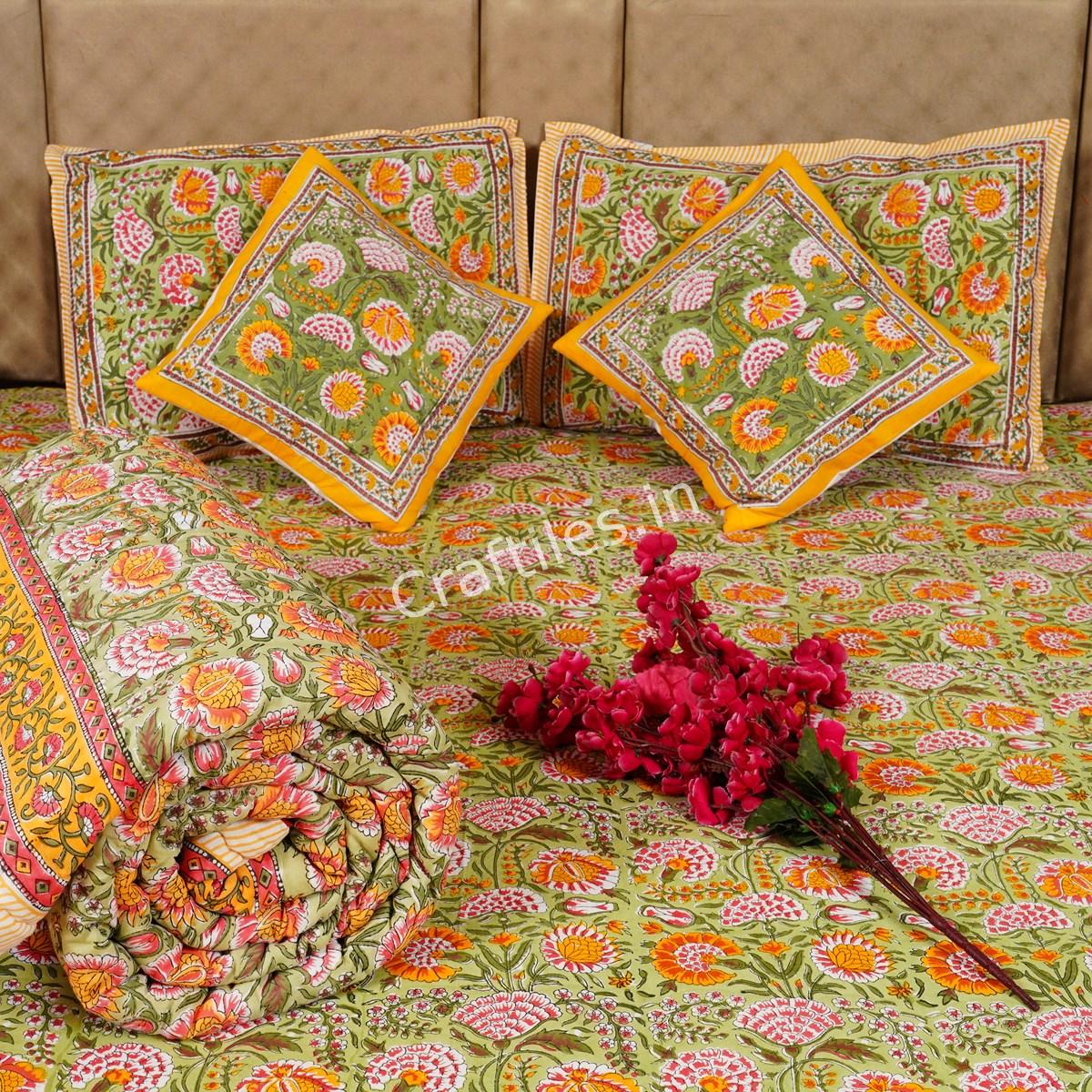 Craftiles - BS1051 Sunflower Tree Jaipuri Handblock Printed Bedding Set by Jaipur dharohar for Home and Wedding Gift - Yellow