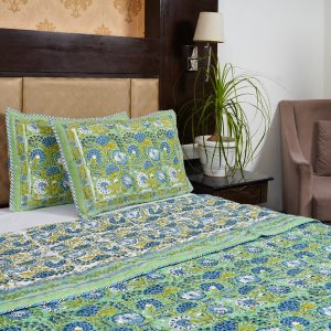 Craftiles - CF1139 Jasmine Jaipuri Handblock Printed Reversible Comforter by Jaipurdharohar - AC Quilt | Comforter | Bedcover | Gudarie - Green