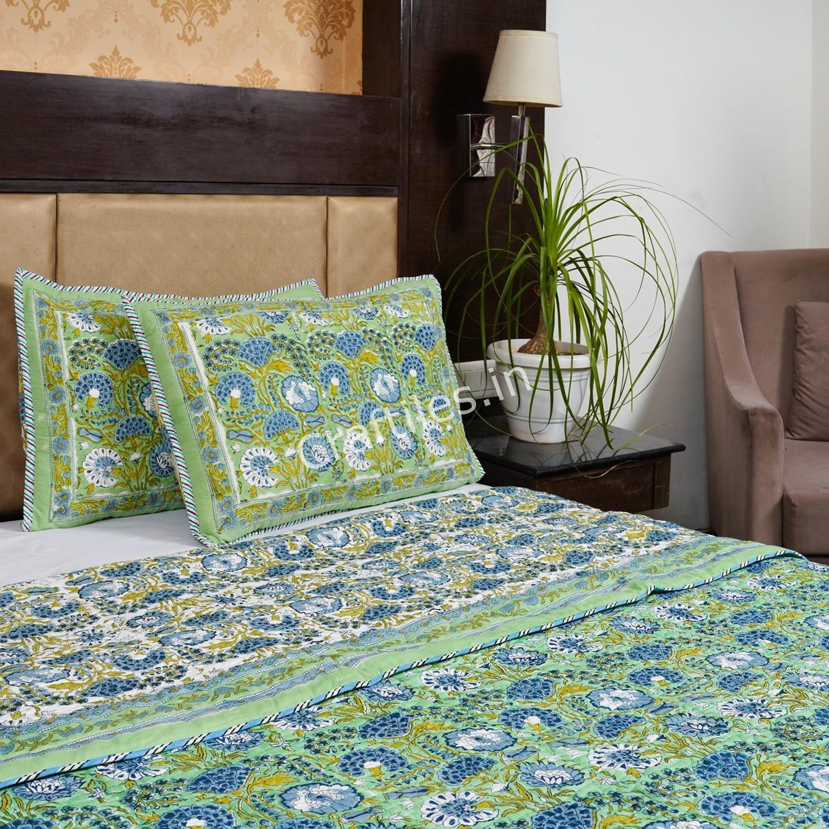 Craftiles - CF1139 Jasmine Jaipuri Handblock Printed Reversible Comforter by Jaipurdharohar - AC Quilt | Comforter | Bedcover | Gudarie - Green