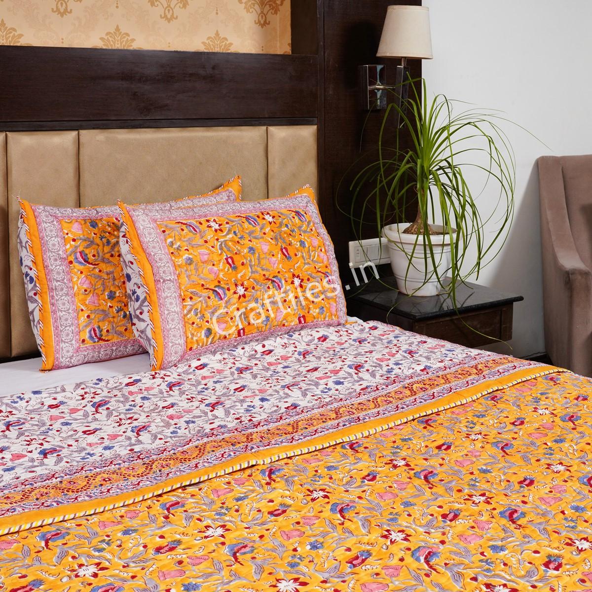 Craftiles - CF1124 Royal Jaipuri Handblock Printed Reversible Comforter by Jaipurdharohar - AC Quilt | Comforter | Bedcover | Gudarie - Yellow
