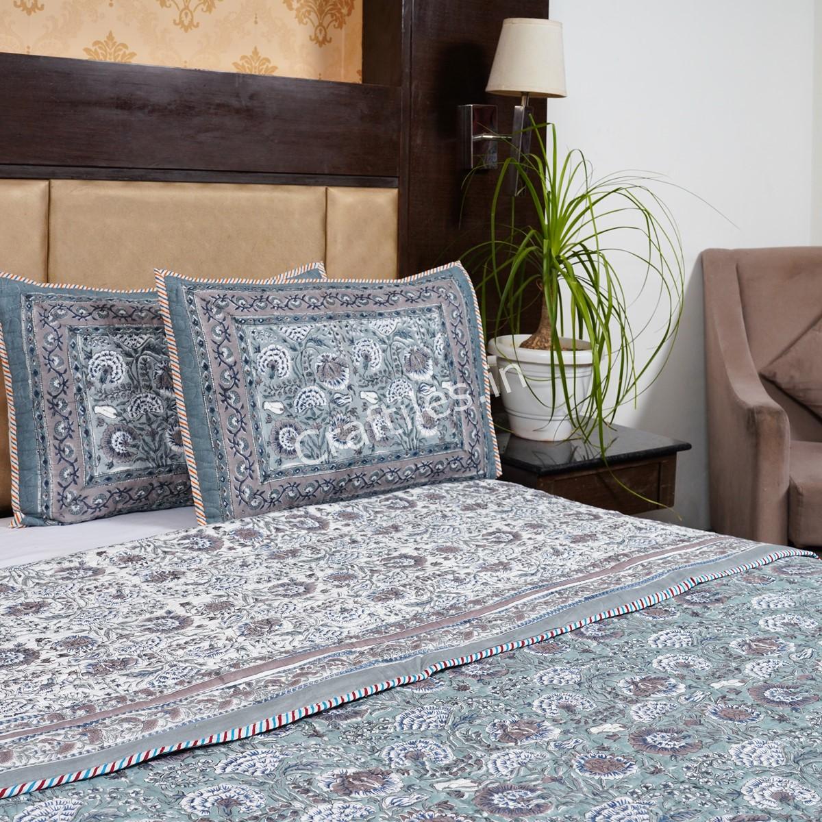 Craftiles - CF1051Q Sunflower Jaipuri Handblock Printed Reversible Comforter by Jaipurdharohar - AC Quilt | Comforter | Bedcover | Gudarie - Gray