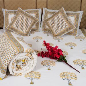 Craftiles - BS1031 Golden Tree Jaipuri Handblock Printed Bedding Set by Jaipur dharohar for Home and Wedding Gift - Yellow