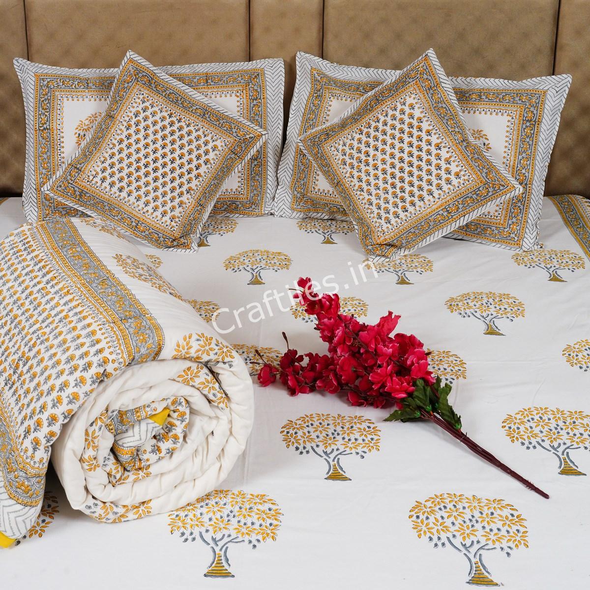 Craftiles - BS1031 Golden Tree Jaipuri Handblock Printed Bedding Set by Jaipur dharohar for Home and Wedding Gift - Yellow