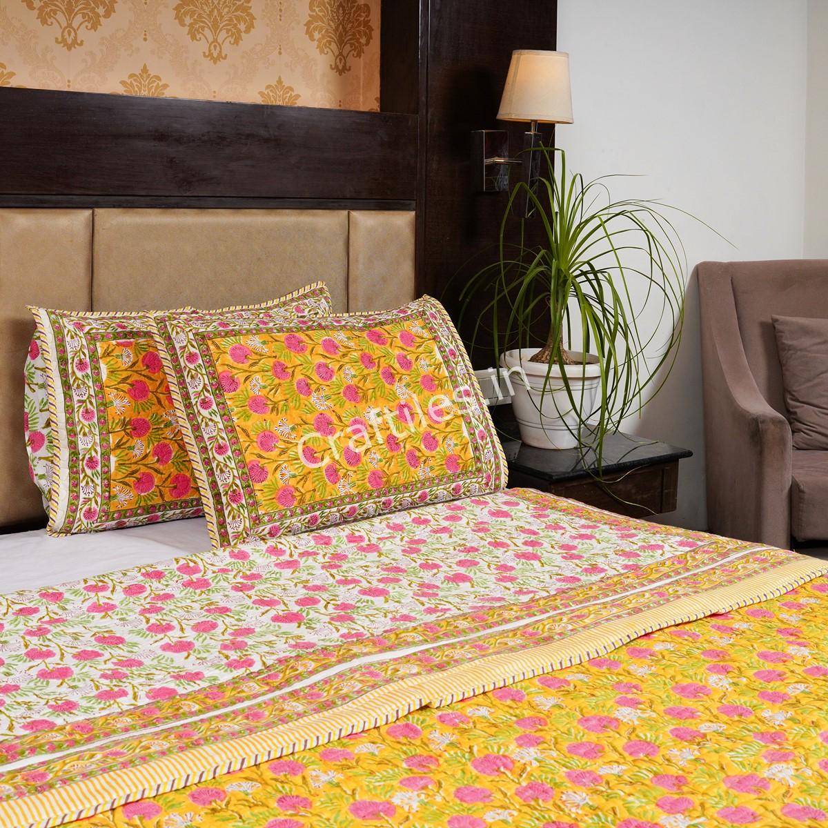Craftiles - CF1064 Kashyap Jaipuri Handblock Printed Reversible Comforter by Jaipurdharohar - AC Quilt | Comforter | Bedcover | Gudarie - Yellow