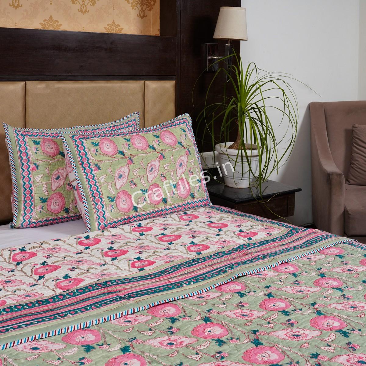 Craftiles - CF1149 Varista Jaipuri Handblock Printed Reversible Comforter by Jaipurdharohar - AC Quilt | Comforter | Bedcover | Gudarie - Green