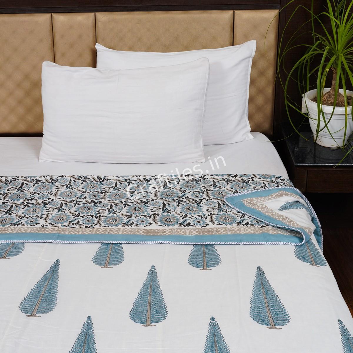 Craftiles – DH1008 Tilak Jaipuri Handblock Printed Reversible Dohar By Jaipur Dharohar – Blue