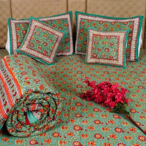 Craftiles - BS1130 Chakri Jaipuri Handblock Printed Bedding Set by Jaipur dharohar for Home and Wedding Gift - Green