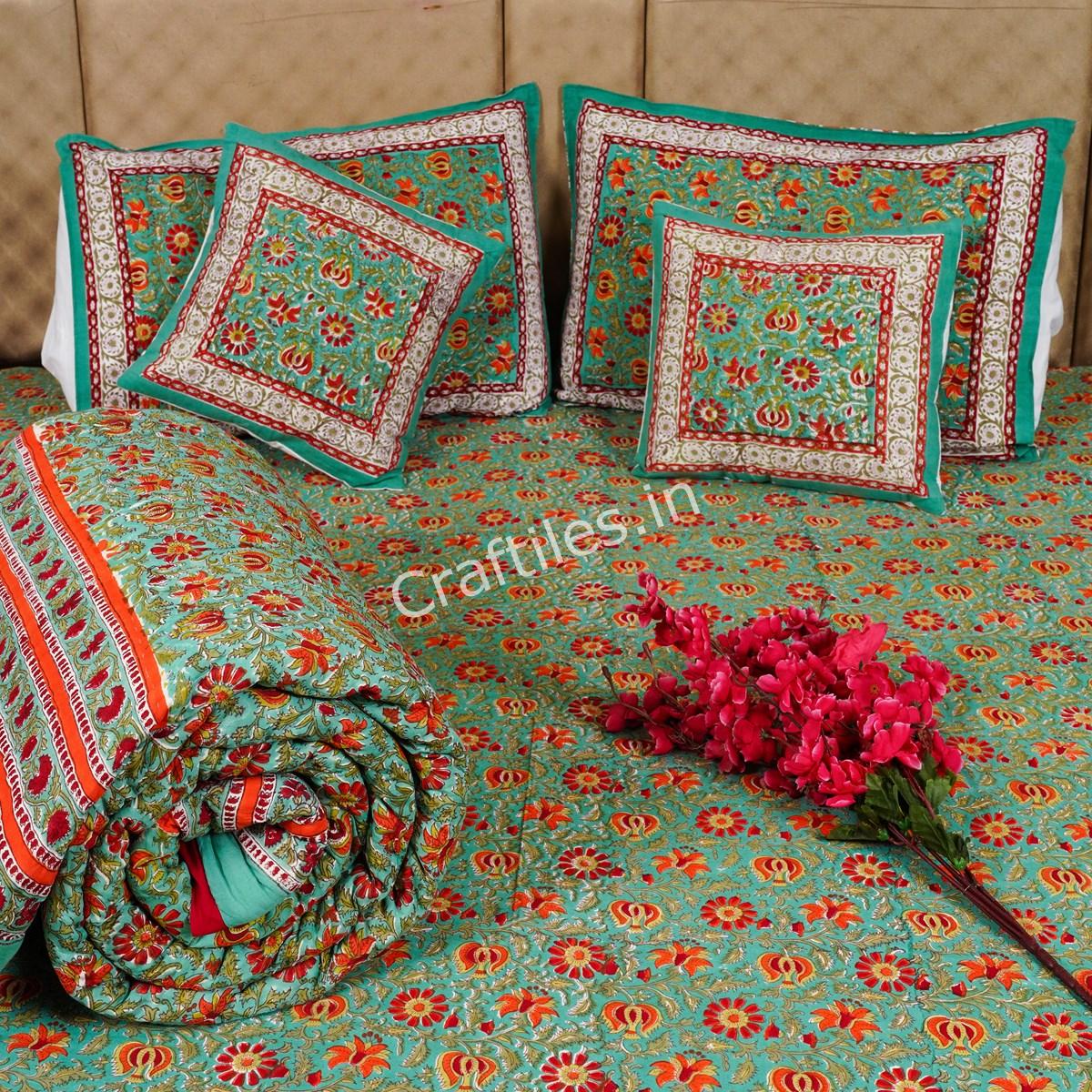 Craftiles - BS1130 Chakri Jaipuri Handblock Printed Bedding Set by Jaipur dharohar for Home and Wedding Gift - Green