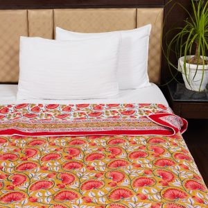 Craftiles – DH1138 Lotus Jaipuri Handblock Printed Reversible Dohar By Jaipur Dharohar – Red
