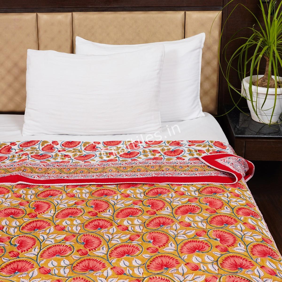 Craftiles – DH1138 Lotus Jaipuri Handblock Printed Reversible Dohar By Jaipur Dharohar – Red