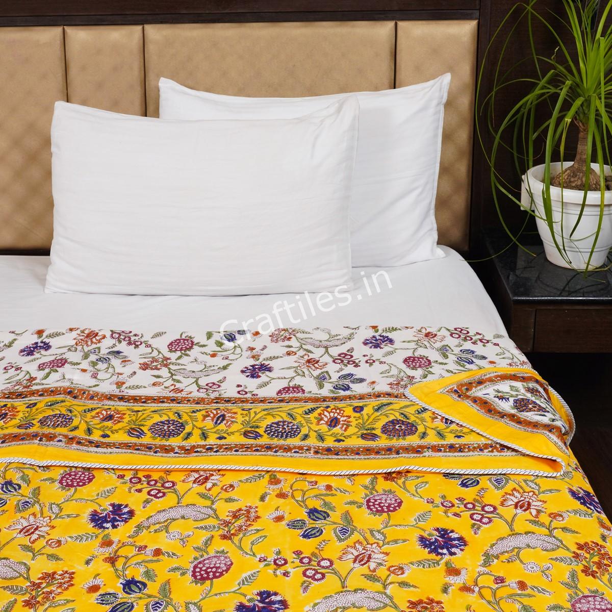 Craftiles – DH1009 Galta Jaipuri Handblock Printed Reversible Dohar By Jaipur Dharohar – Yellow
