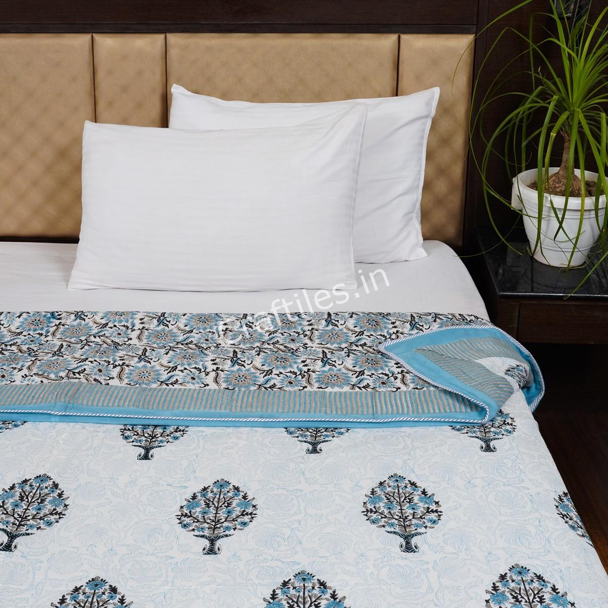 Craftiles – DH1051 Paan Handblock Printed Reversible Dohar By Jaipur Dharohar – Blue