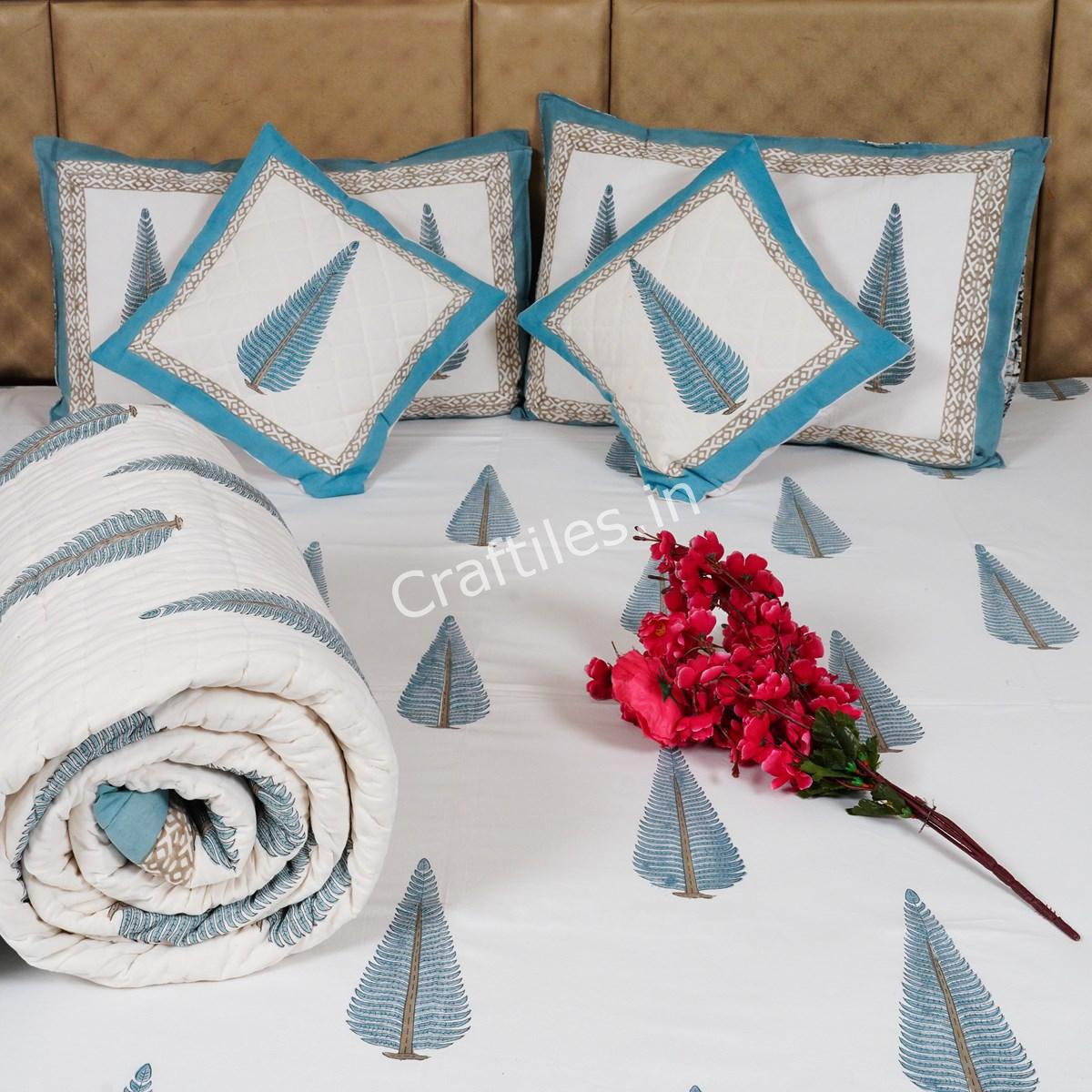 Craftiles - BS1008 Tilak Jaipuri Handblock Printed Bedding Set by Jaipur dharohar for Home and Wedding Gift - Blue