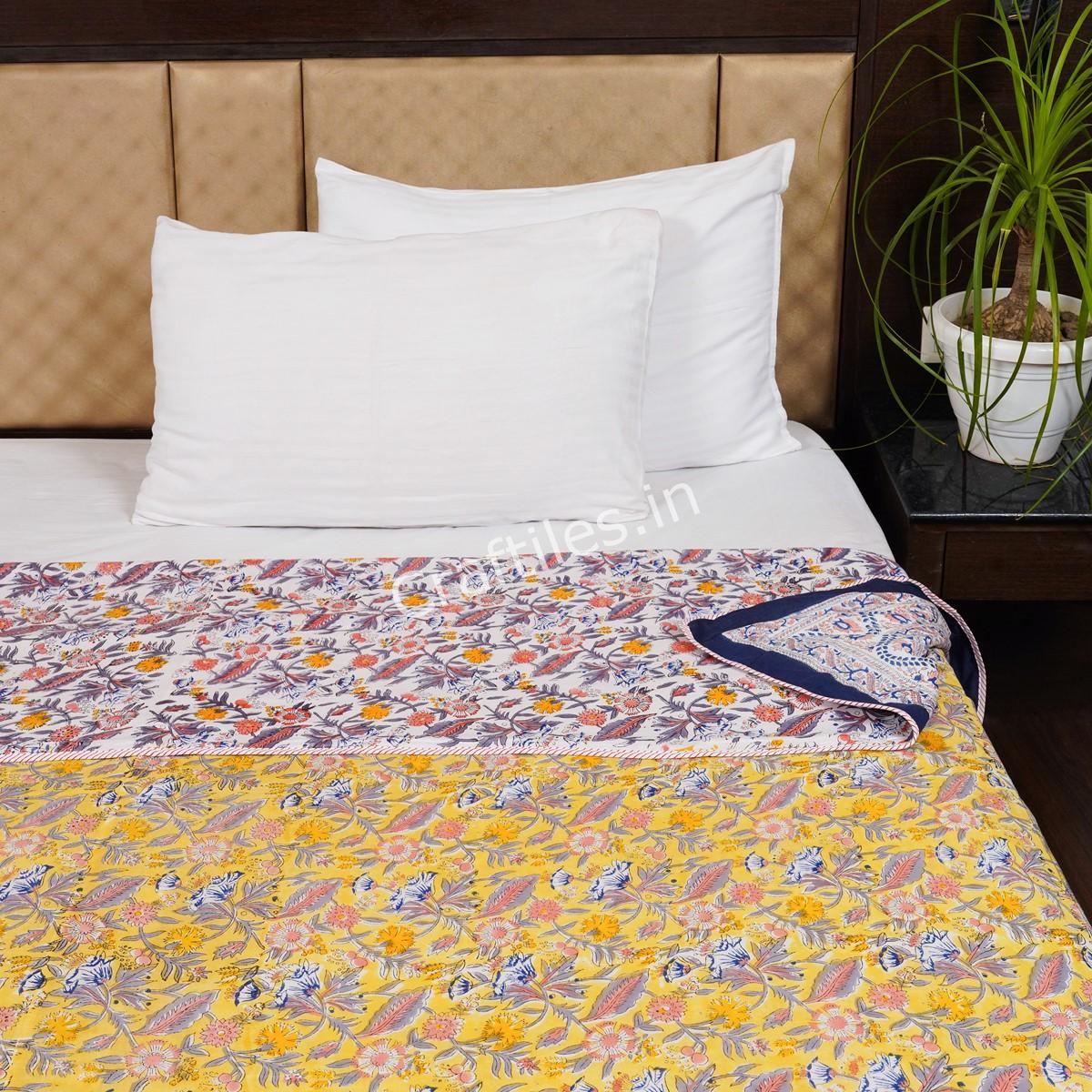 Craftiles – DH1135 Multi flower Handblock Printed Reversible Dohar By Jaipur Dharohar – Yellow