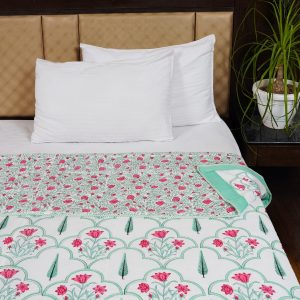 Craftiles – DH1050 Amber Handblock Printed Reversible Dohar By Jaipur Dharohar – White